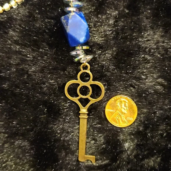 Gold Key Pendant 30" Necklace with Blue Bead Accent, Earrings, Bracelets - Picture 2 of 6